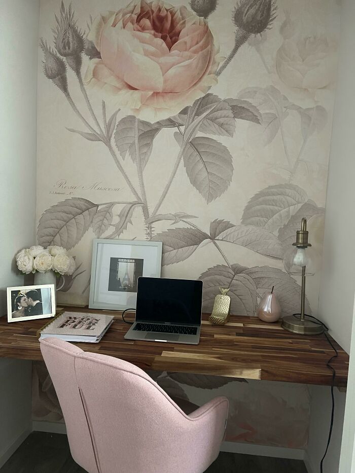 We Turned My Laundry Room Closet Into A Desk For Me. Added Wallpaper Today. I’m In Love