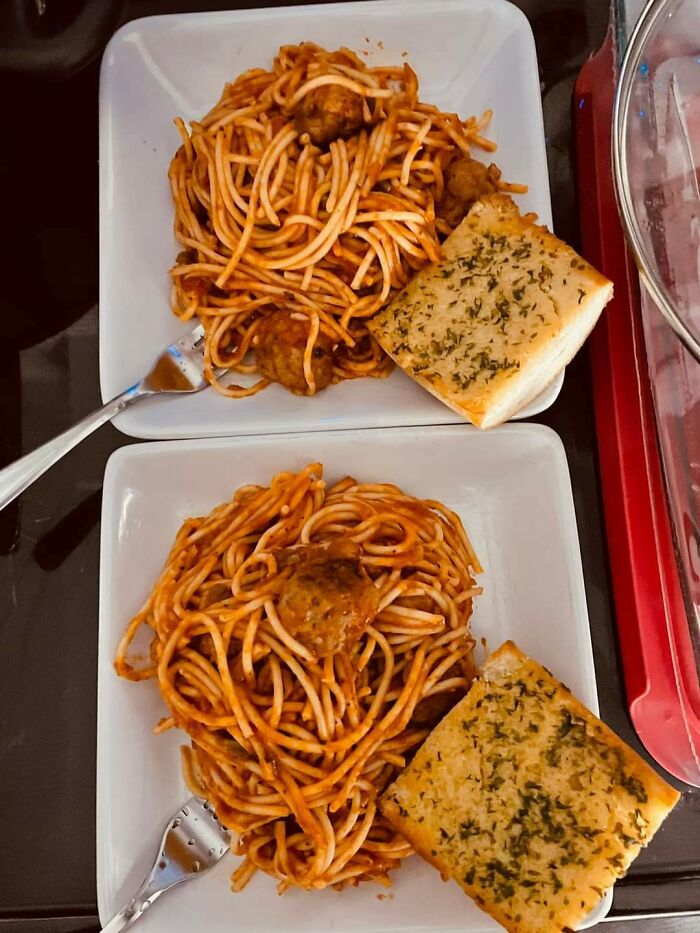 It's Not Much, But My Best Friend Cooked Us This Meal So That I Would Eat Something After A Few Days Of Depression-Nesting. Some Days You Just Need Spaghetti, Garlic Bread, And A Great Friend