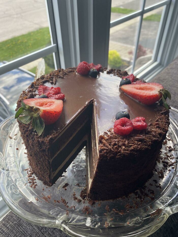I Made My Birthday Cake! Its A Chocolate Espresso Cake With A Chocolate Cremeux, Espresso Swiss Meringue Buttercream, And A Dark Chocolate Glaze!