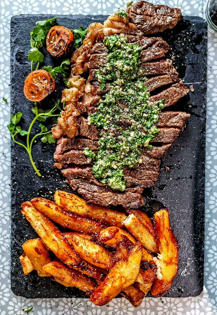 It's Steak Sunday ! Sirloin Topped With Chimichurri With BBQ Fries