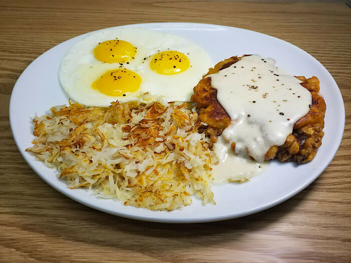 Country Fried Steak And Eggs With Hash Browns