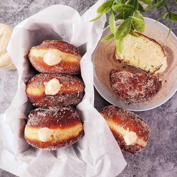 "Salted Caramel Cream Brioche Donuts Coated In Cinnamon Sugar""