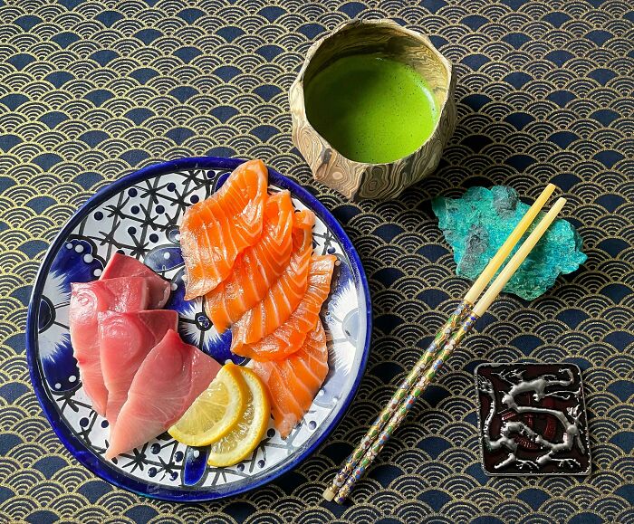 Yellowtail And Salmon Sashimi With Matcha