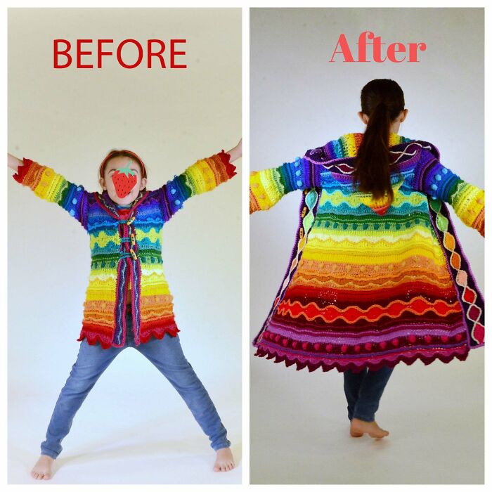 I Updated This Mini Rainbow Coat So This Little Girl Could Get A Few More Years Wearing Her Favorite Coat! I Added New Sections To The Bottom And Sleeves, And A Wider Trim. So Happy To Continue To Work On This Piece!