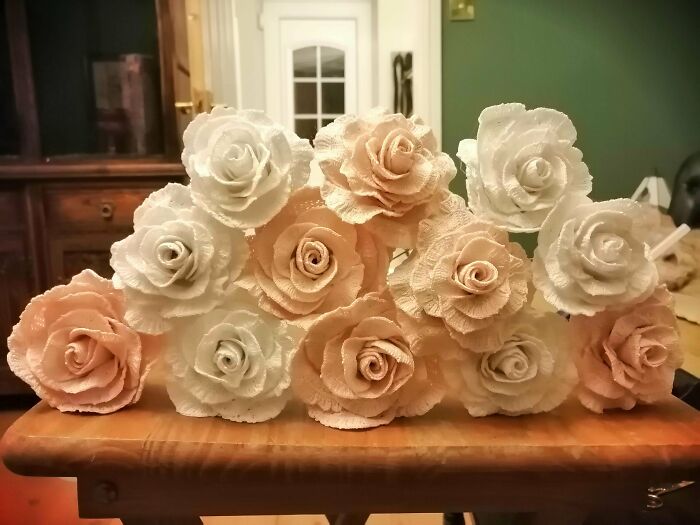 I Posted A Couple Of The Roses I'd Crocheted For My Wedding Bouquet Some Time Ago And Promised To Post My Progress. 12 Roses Now Complete!