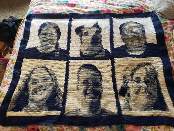 Just Finished My Parents' Christmas Gift! An Afghan With All Our Faces On It 