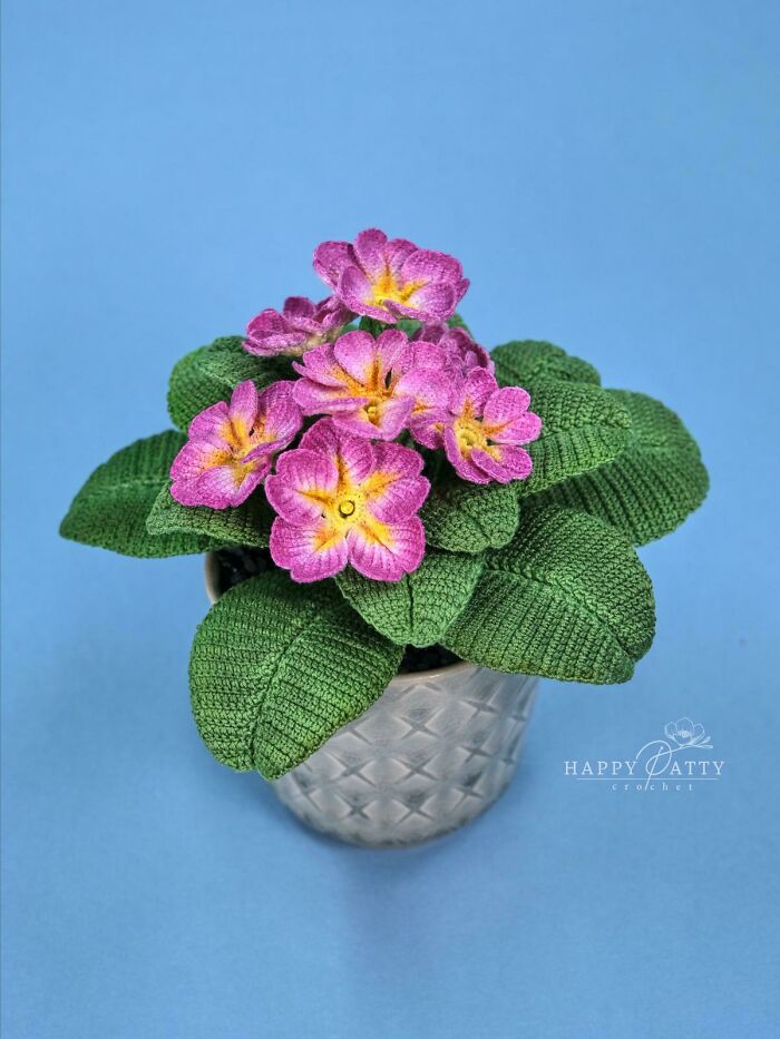 Excited To Share My Just-Finished Pot Of Crocheted Primroses. Truly Happy With These Ones 