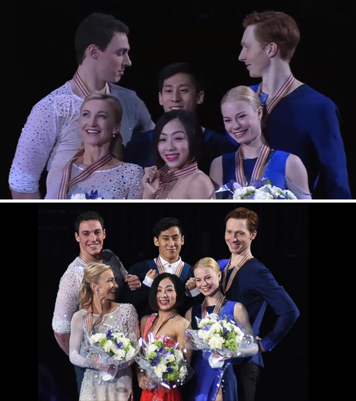 2nd And 3rd Place Winners Of The World Figure Skating Championships Help To Lift The Champion For Podium Photo