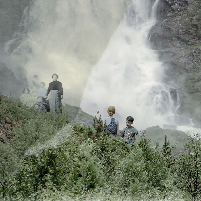 Frente a la cascada de la serie "Persistencia de la familia" © Diana Cheren Nygren