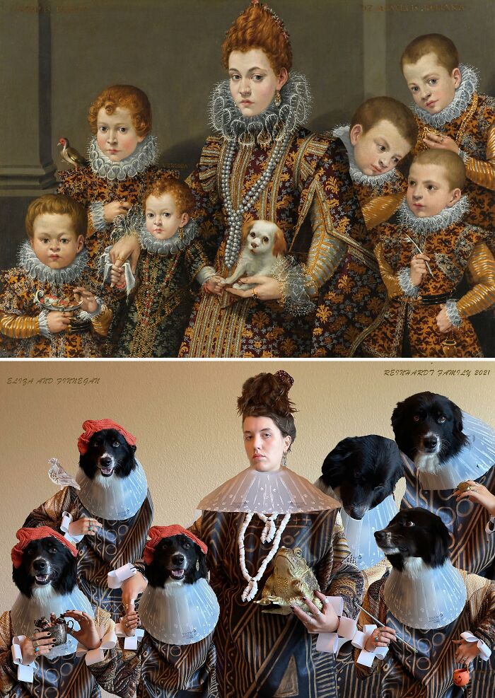 Portrait Of Bianca Degli Utili Maselli, Half Length, In An Interior, Holding A Dog And Surrounded By Six Of Her Children, Ca. 1603-05 By Lavinia Fontana vs. Portrait Of Eliza Reinhardt, Surrounded By Six Of Her Finns, Ca. 2021