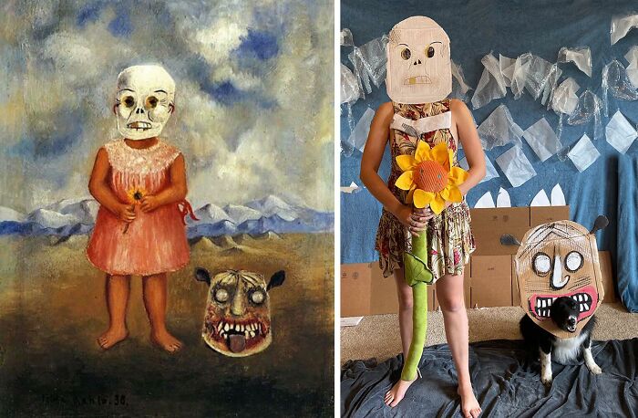 Girl With Death Mask, 1938 By Frida Kahlo vs. Girl With Finn Mask, 2021