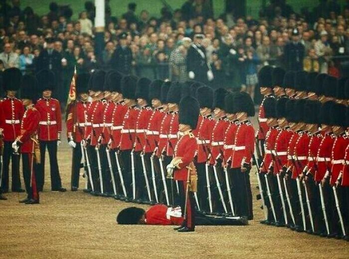 Un guardia se desmaya durante una ceremonia, pero otros guardias mantienen la formación. Londres, 1966