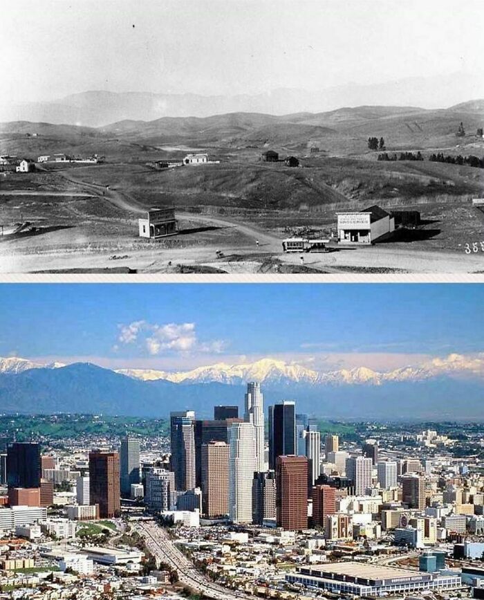 El centro de Los Ángeles fotografiado en 1901, y de nuevo en 2001, exactamente 100 años después