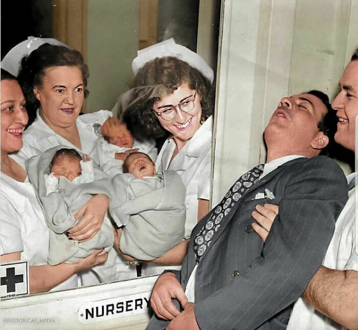 Father Faints When He Meets His Triplet Babies For The First Time In 1946. This Was Before Ultrasound Was Invented