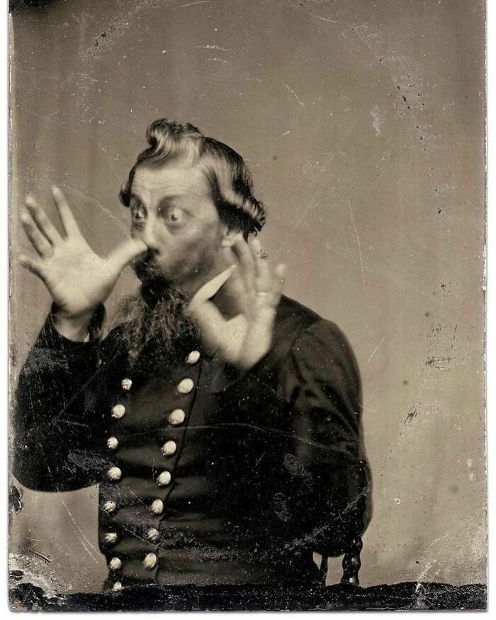 A Union Soldier Goofing Around While Getting His Portrait Taken