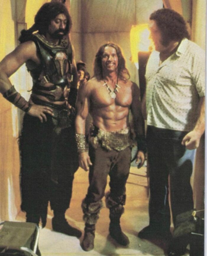 Arnold Schwarzenegger With Wilt Chamberlain And Andrè The Giant On The Set Of Conan The Destroyer, 1983
