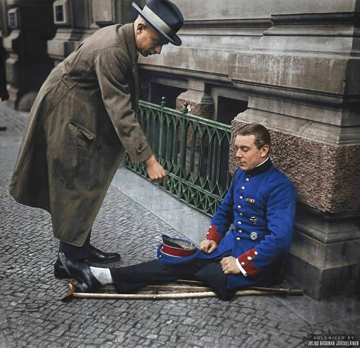 A One-Legged German World War One Veteran Begging On The Streets Of Berlin, Germany (Weimar Republic) In 1923.