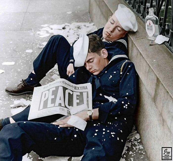 Two Sailors In 1945, Exhausted After Celebrating The End Of The Second World War