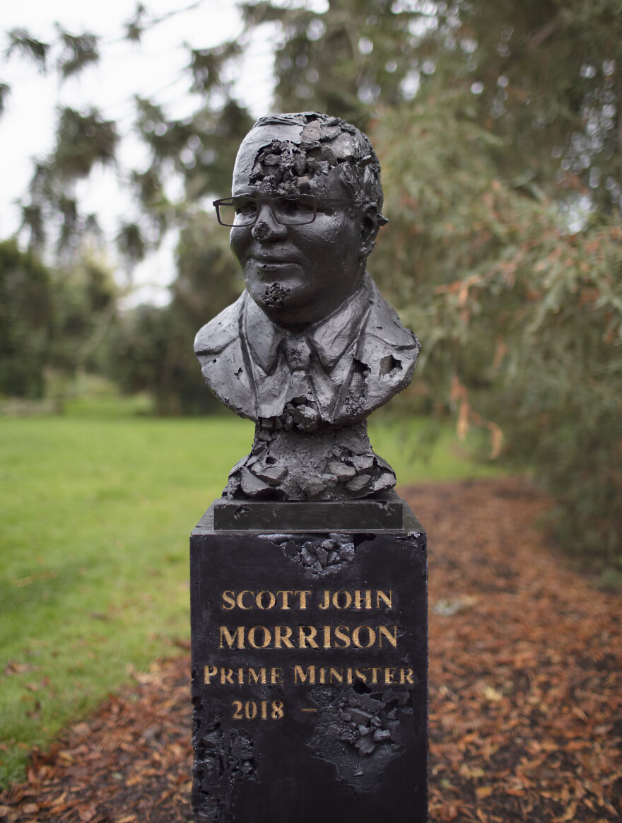 A Creepy Coal Statue Of Australian Prime Minister Installed Alongside Bronzes Of Former P.m.s.