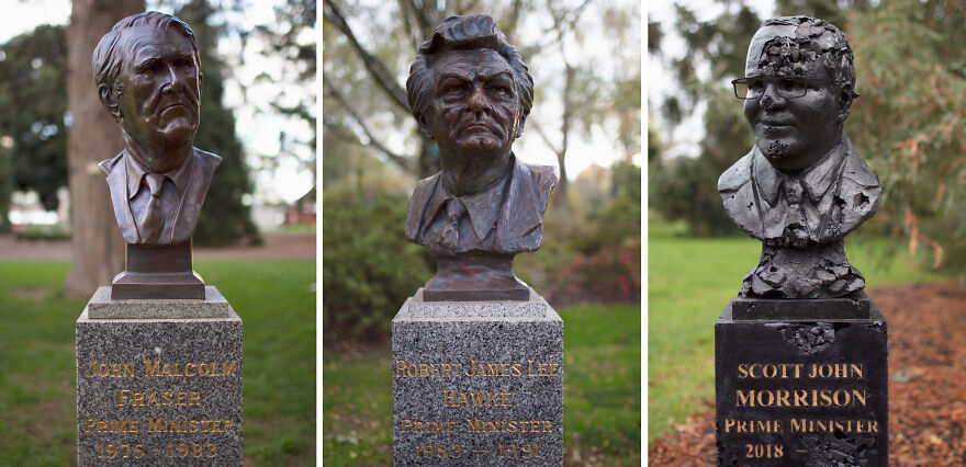 A Creepy Coal Statue Of Australian Prime Minister Installed Alongside Bronzes Of Former P.m.s.