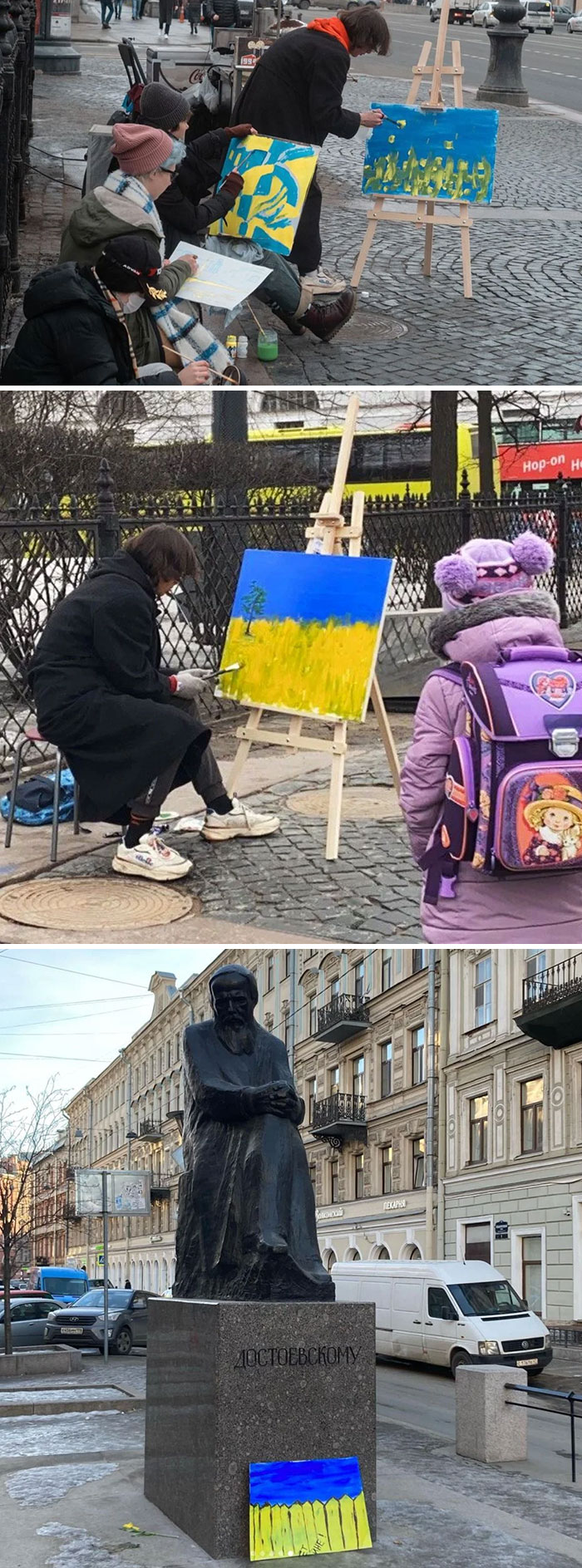 Las protestas no autorizadas están prohibidas en Rusia, así que los artistas de San Petersburgo decidieron hacer algunas prácticas al aire libre