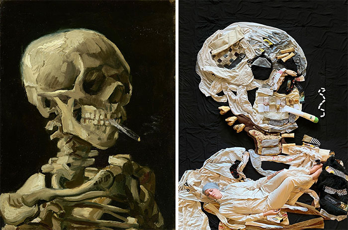 Cabeza de un esqueleto con un cigarrillo encendido, 1886 de Van Gogh vs. Cabeza de un esqueleto con un porro encendido, 2022