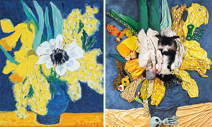 Ramo de primavera con anémonas, mimosas y narcisos en un jarrón azul, 1965 de Gerhild Diesner vs. Ramo de primavera con anémonas, mimosas y narcisos en un jarrón azul, 2022
