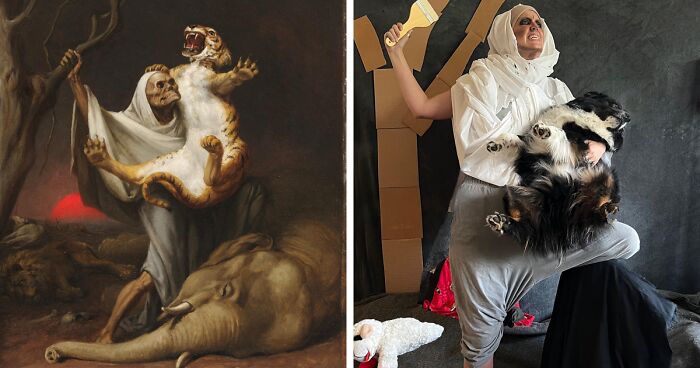 people send pictures of their pets to this artist to... Artist Started Recreating Famous Paintings Together With Her Dog During ...