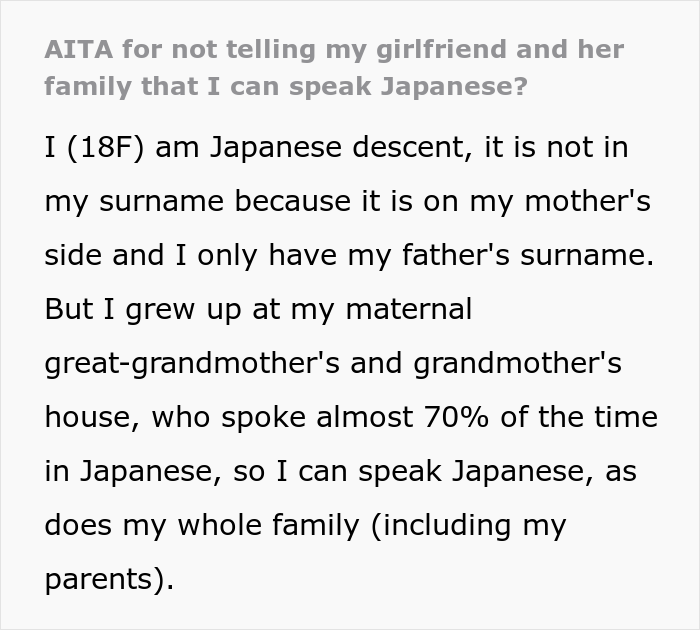 “AITA For Not Telling My Girlfriend And Her Family That I Can Speak Japanese?”