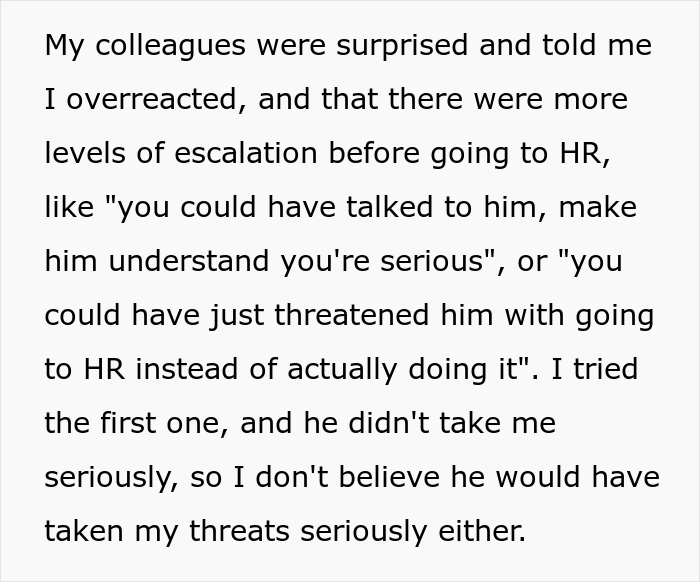 A guy complaining about a female co-worker's haircut is reported to HR, eventually getting him fired.