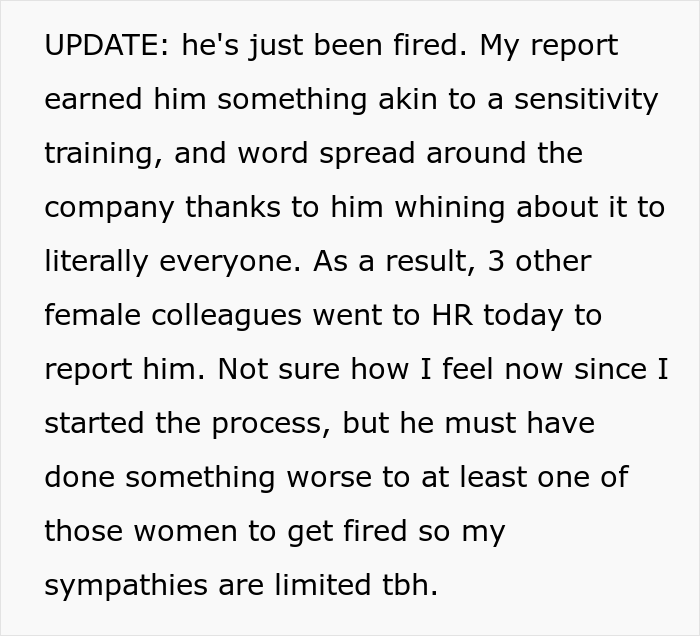A guy complaining about a female co-worker's haircut is reported to HR, eventually getting him fired.