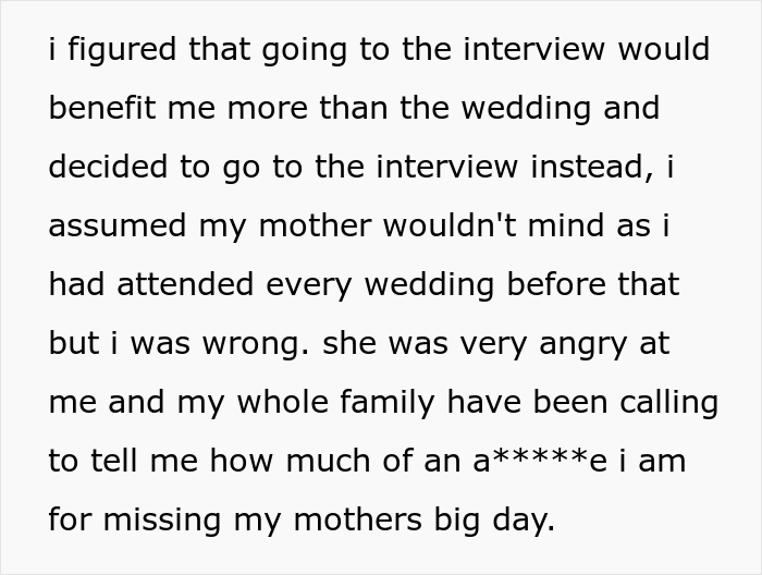 Woman Skips Her Mother’s 5th Wedding To Attend A Long-Awaited Job Interview, Gets Called A Jerk For Missing The Big Day