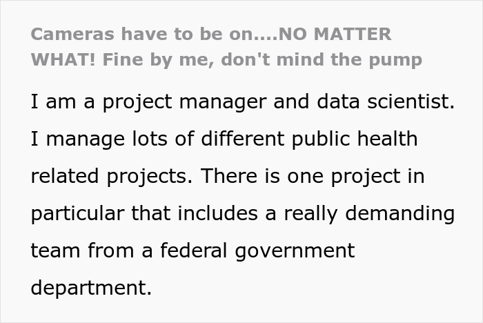 Employee Informs Meeting's Lead She's Using A Breast Pump And Won't Turn On Her Camera But They Insist So She Maliciously Complies Employee Informs Meeting's Lead She's Using A Breast Pump And Won't Turn On Her Camera But They Insist So She Maliciously Complies