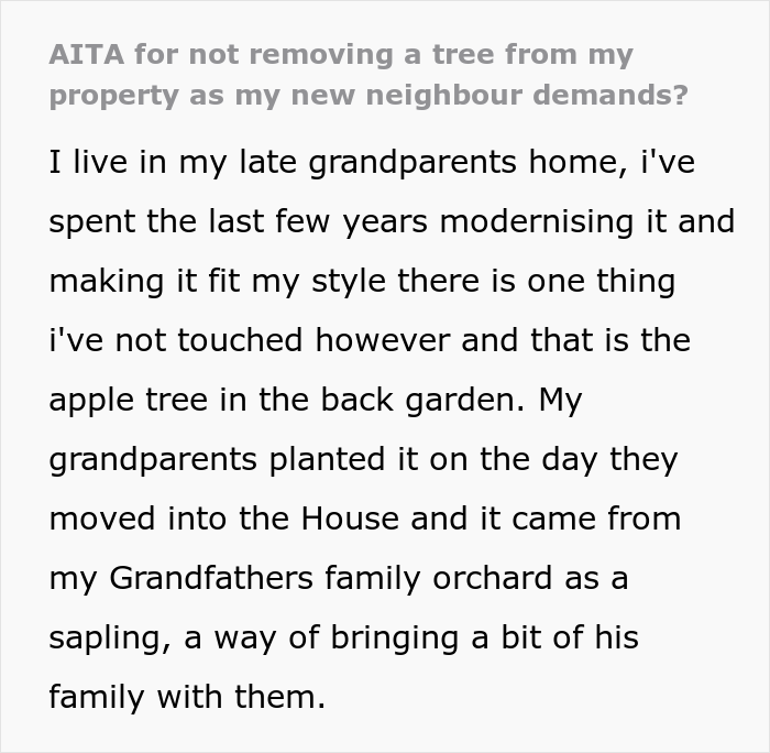 “AITA For Not Removing A Tree From My Property As My New Neighbor Demands?” “AITA For Not Removing A Tree From My Property As My New Neighbor Demands?”