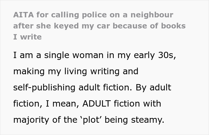 "They Both Looked At Me With Disgust": Delusional Neighbor Keyed Author's Car Over Erotic Books, So She Called The Police