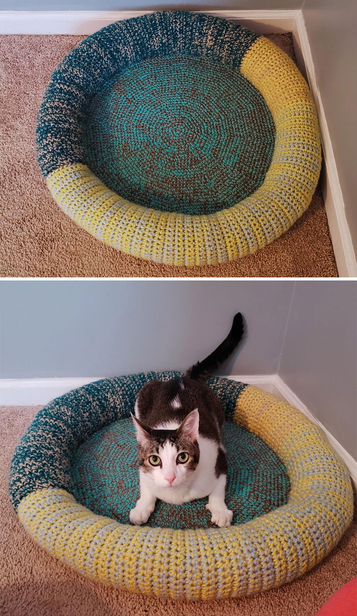 Its Official, This Is The Ugliest Thing I've Ever Made. A Scrap Yarn Cat Bed. But Loki Loves It So I Can't Complain
