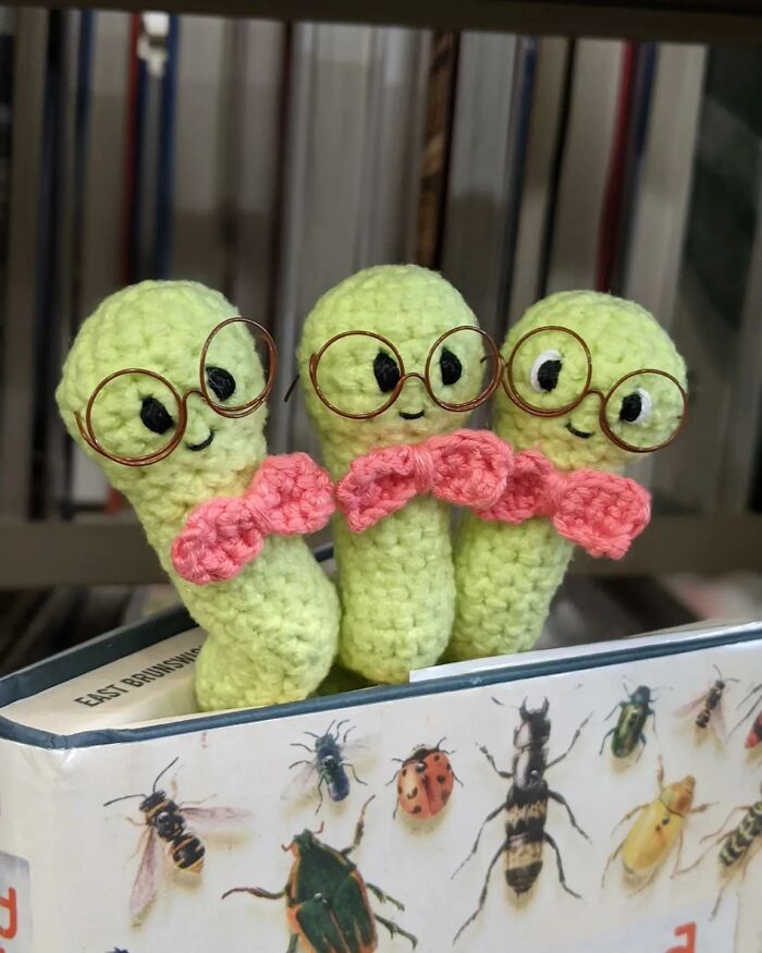 I Crocheted Poseable Bookworms, Complete With Wire-Frame Glasses And Bowties!