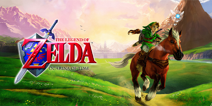 The Legend of Zelda Ocarina of Time gameplay featuring Link riding a horse in a vast, colorful gaming landscape.