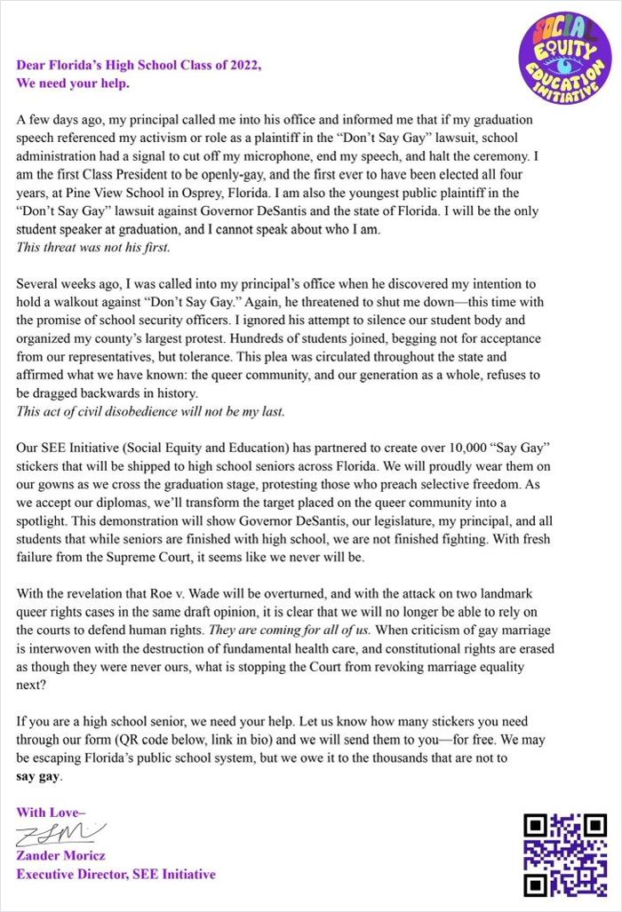 Gay Florida Student Brilliantly Outsmarts School Administration Who Censored His Grad Speech Gay Florida Student Brilliantly Outsmarts School Administration Who Censored His Grad Speech