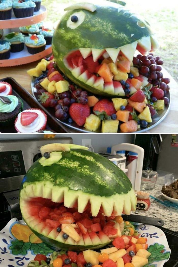 For My Sons Fourth Birthday I Carved A Watermelon Dinosaur Head! It Didn’t Come Out That Bad (Mine Is On The Bottom)