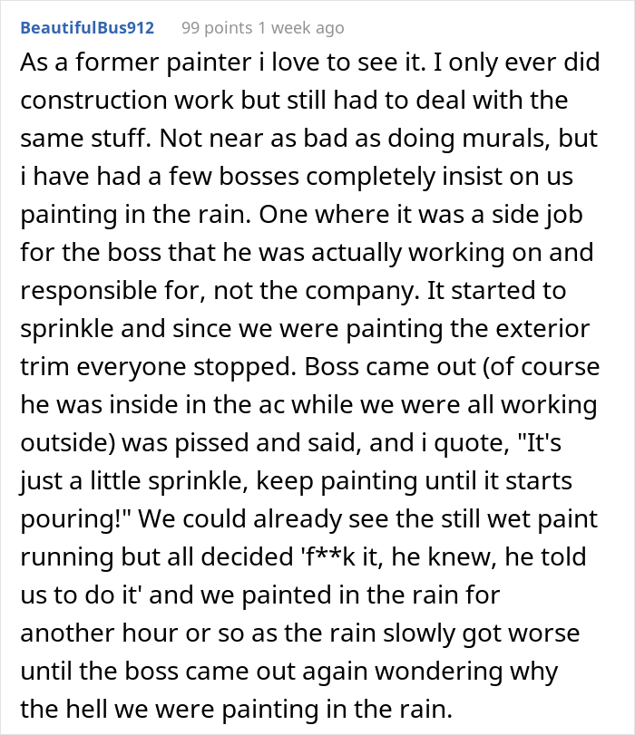 Boss Demands Muralists Paint During Rainfall, Which Inevitably Destroys It Because Of Malicious Compliance Boss Demands Muralists Paint During Rainfall, Which Inevitably Destroys It Because Of Malicious Compliance