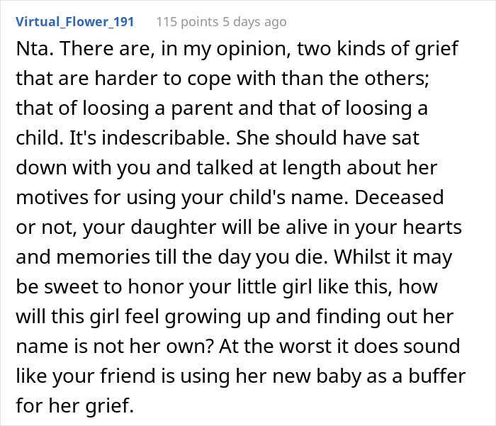 "Am I A Jerk For 'Belittling' My Friend's Grief After She Named Her Daughter After My Deceased One And Refusing To Be Her Daughter's Godmother?"