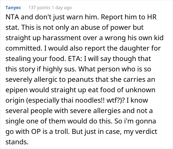 Person's Lunch Keeps Getting Stolen At Work Until Boss' Daughter Goes Into Anaphylactic Shock, They Are Then Accused Of 'Poisoning' Their Own Food