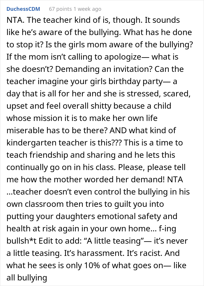 Teacher Calls Out This Mother Who Invited The Whole Class To Daughter's Birthday Party Except For A Bully, Mom Asks If She Was Wrong