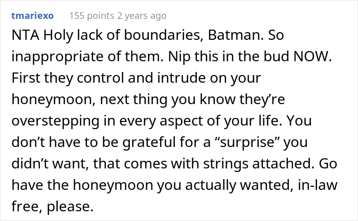 Newlyweds Are Surprised With All-Paid Honeymoon Getaway Trip, Find Out Groom's Parents Invited Themselves In, Drama Ensues After They Ask For Privacy Newlyweds Are Surprised With All-Paid Honeymoon Getaway Trip, Find Out Groom's Parents Invited Themselves In, Drama Ensues After They Ask For Privacy