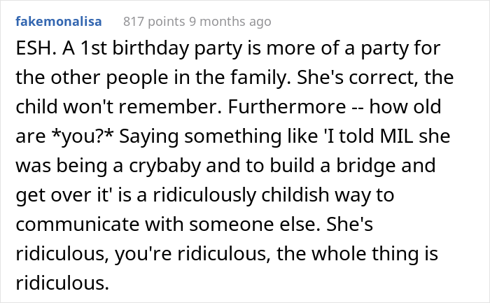 "AITA For Calling My MIL A Crybaby And Saying Her Birthday Isn't As Important As My Son's First Birthday?" "AITA For Calling My MIL A Crybaby And Saying Her Birthday Isn't As Important As My Son's First Birthday?"