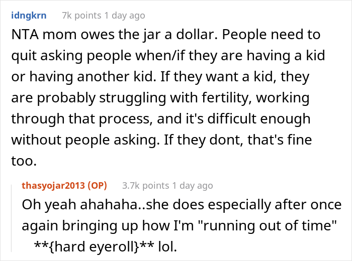 Family Calls This Woman A Jerk For Asking Them For A Dollar Every Time They Mention Her Not Having Kids
