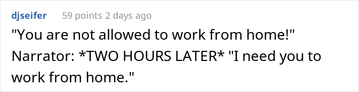 Boss Tells Employee They Can't Work From Home, Regrets It When They Use It To Their Advantage Boss Tells Employee They Can't Work From Home, Regrets It When They Use It To Their Advantage
