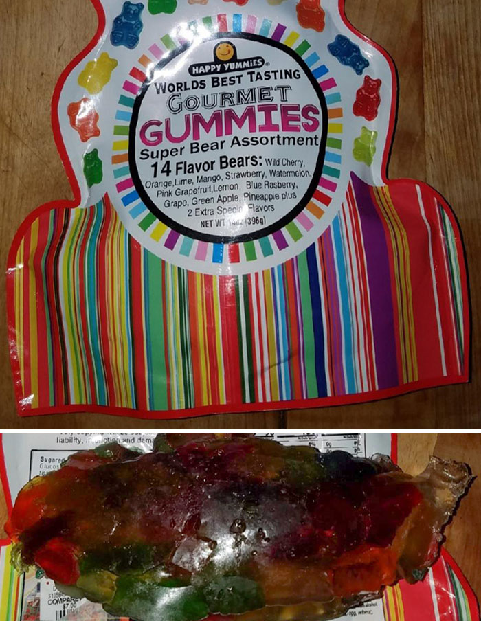 My Lovely Wife Got Me "Gourmet" Gummi Bears For My Birthday But Left Them In The Hot Car. Now It's A "Gourmet" Gummi Glob