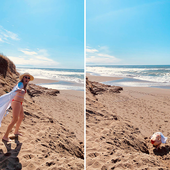 I Asked My Mom If She Could Get A Picture Of Me Mid-Air Jumping Off A Sand Dune. She Assured Me She Could. These Are The Two Pics She Got
